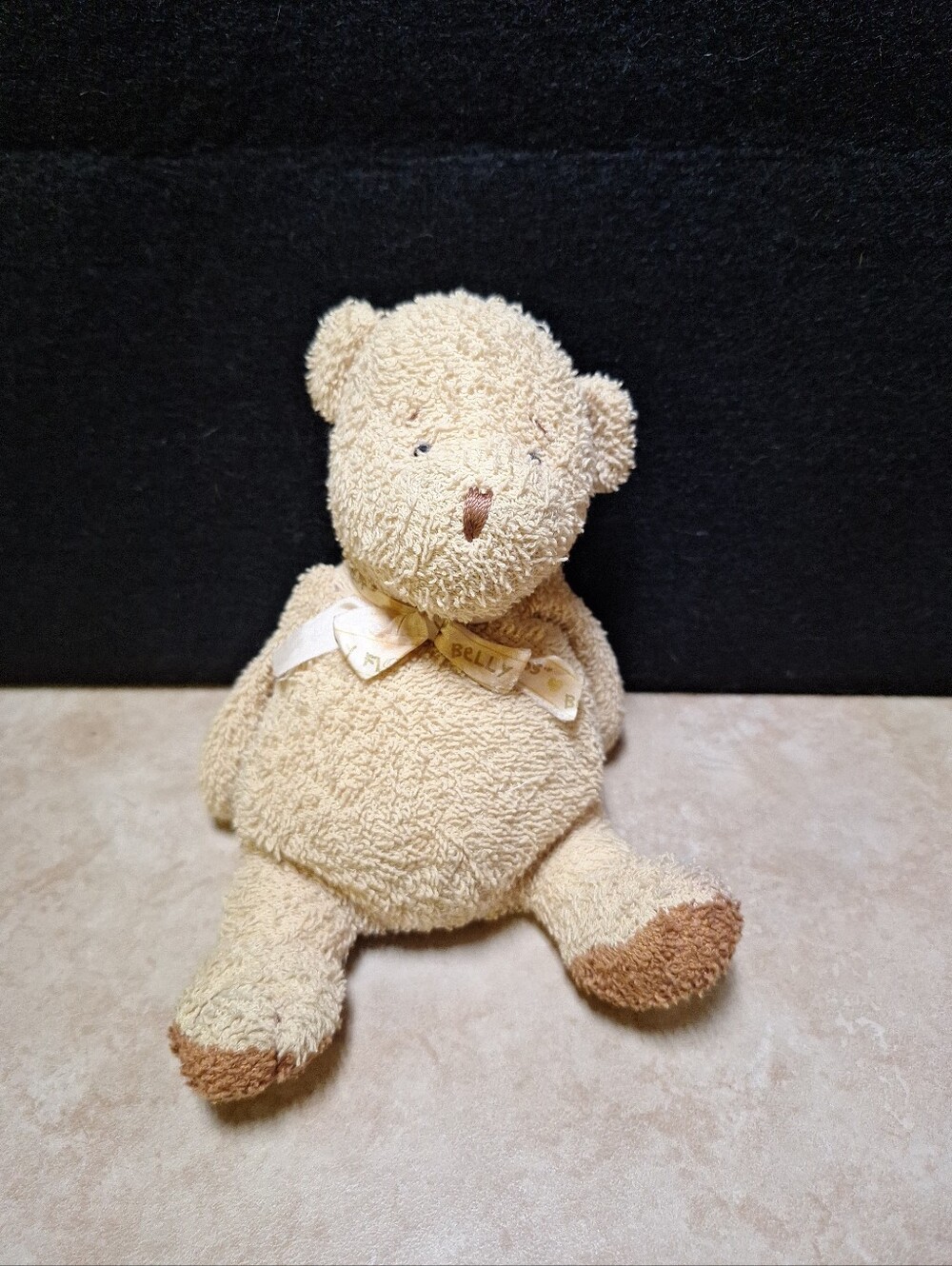 Prestige Belly Flops Teddy Bear Bean Bag Plush Tan Beige Terrycloth Ribbon Bow